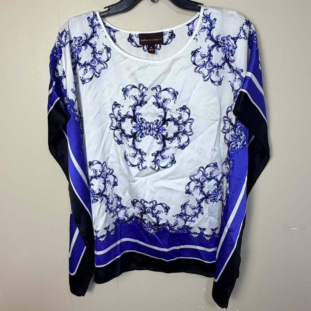 Dana Buchman Womens Top M Blue White Baroque Scroll Print Poncho Blouse